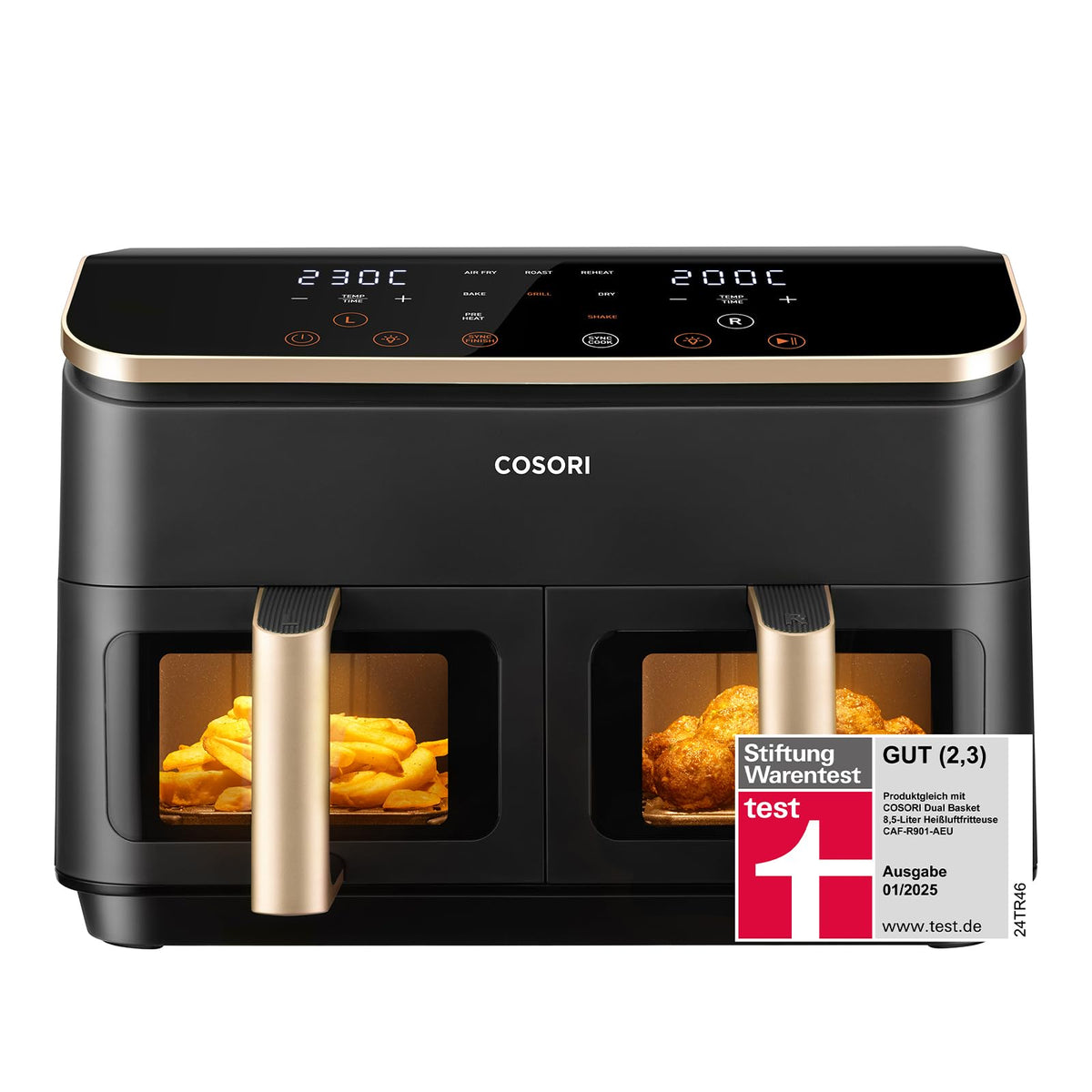 COSORI Air Fryer with 2 Chambers, 8-in-1 Dual Zone XXL 8.5L, features a dual-chamber design with viewing windows for balanced meals; Includes 50 recipes, Energy-saving and serves 1-5 people