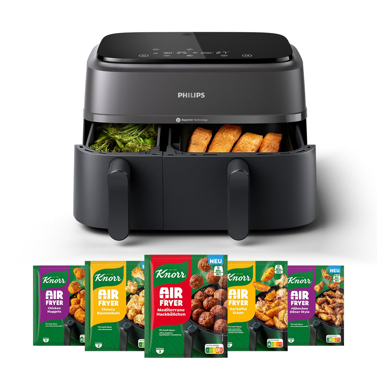 Philips Airfryer Dual Basket 3000 Series Hot Air Fryer, Black, 9 L