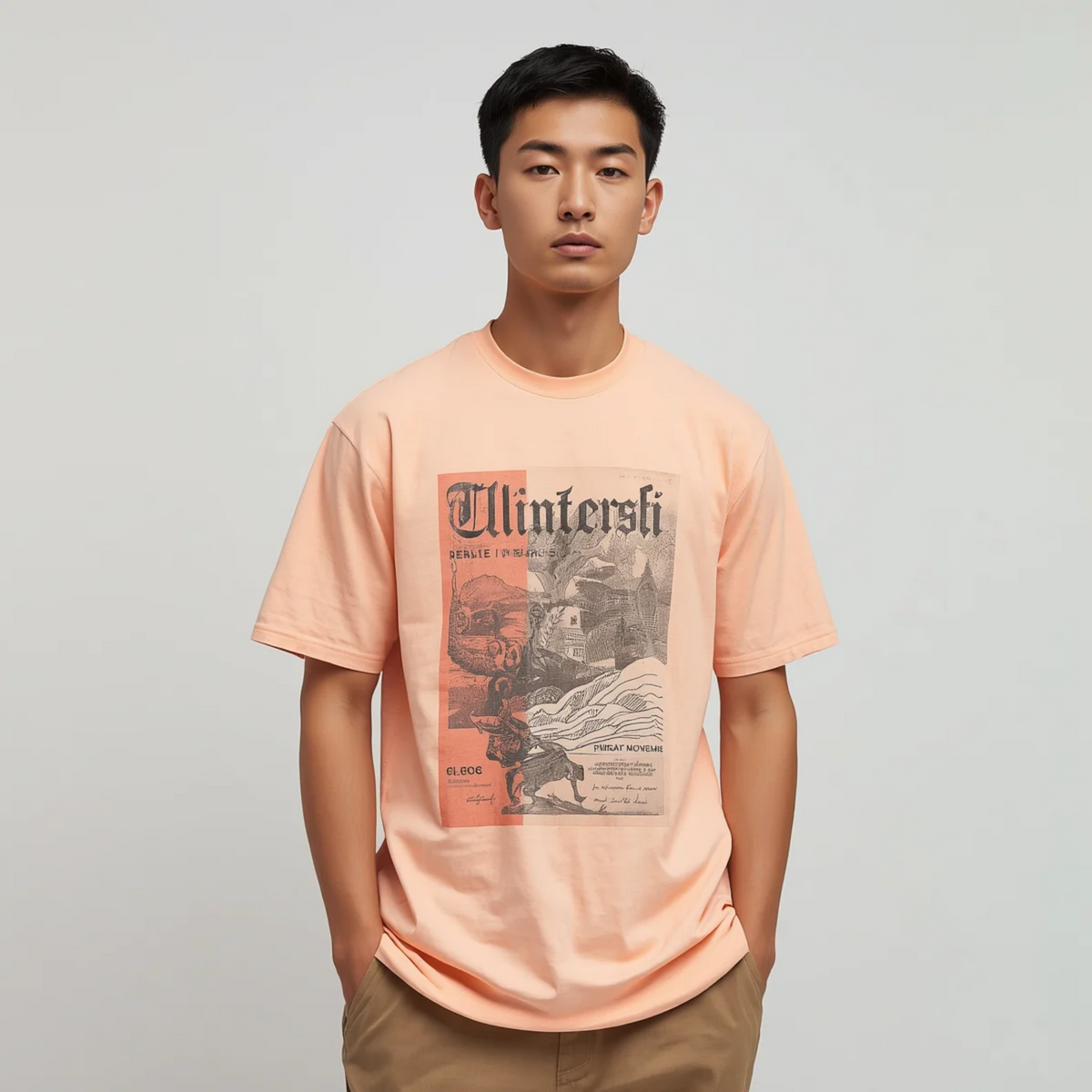 Mann trägt ein pfirsichfarbenes T-Shirt mit retro-inspiriertem Grafikprint zu beigen Hosen vor hellem Hintergrund.