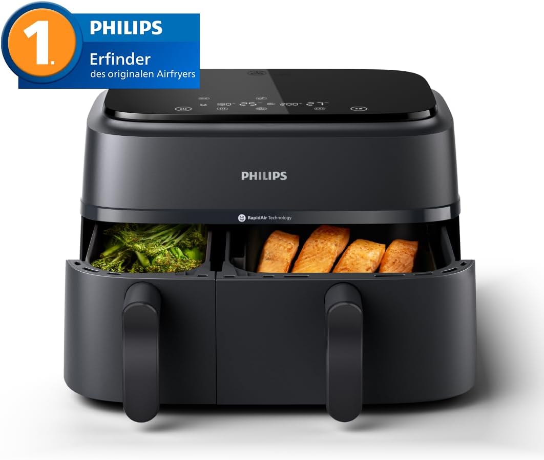 Philips Airfryer Dual Basket 3000 Series Hot Air Fryer, Black, 9 L