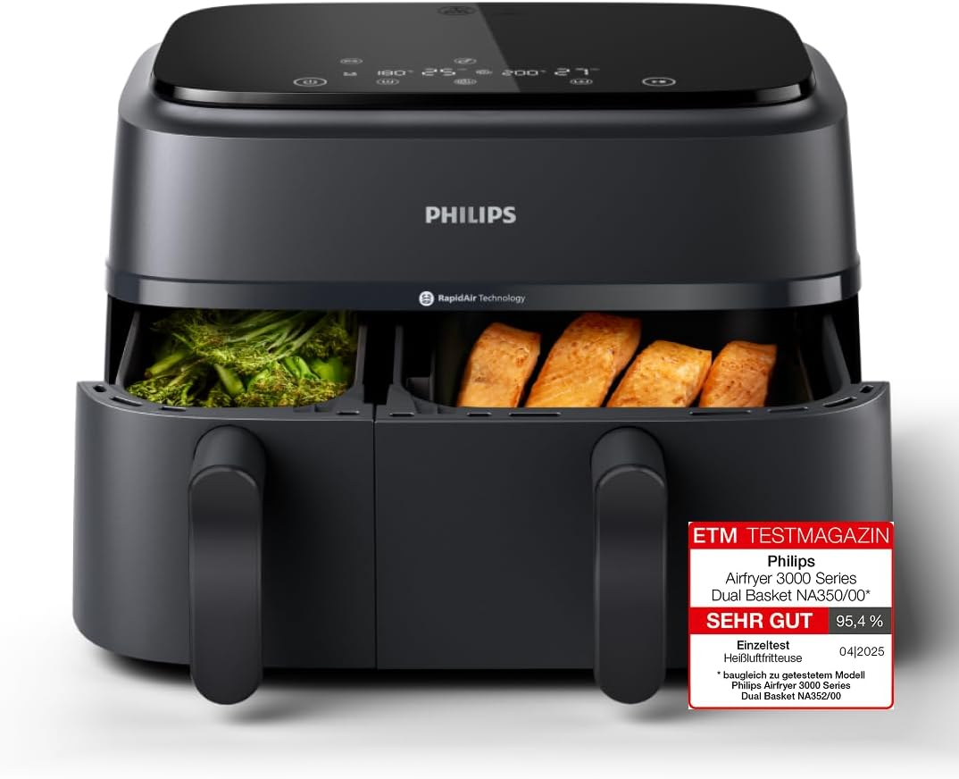 Philips Airfryer Dual Basket 3000 Series Hot Air Fryer, Black, 9 L