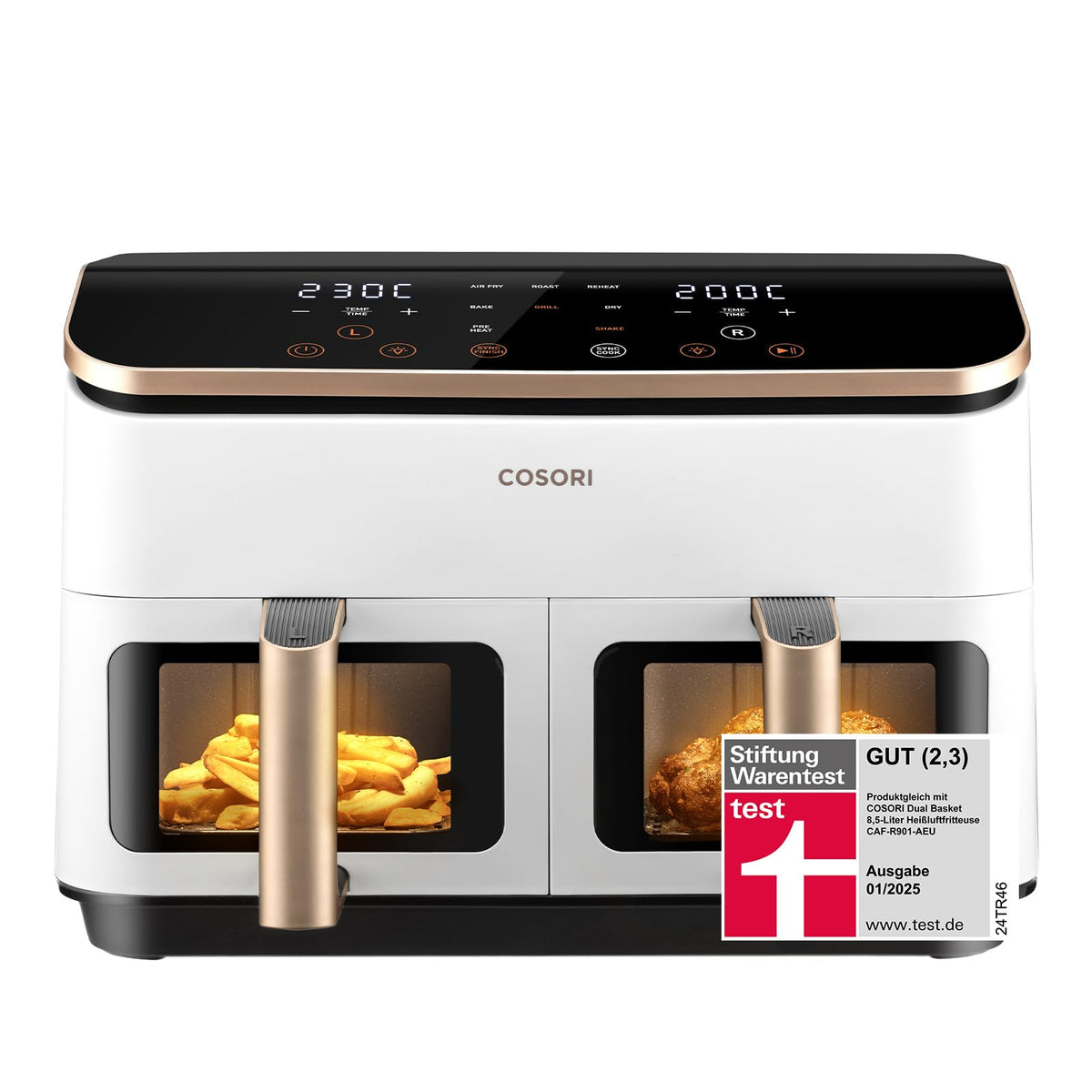 COSORI Air Fryer with 2 Chambers, 8-in-1 Dual Zone XXL 8.5L, features a dual-chamber design with viewing windows for balanced meals; Includes 50 recipes, Energy-saving and serves 1-5 people
