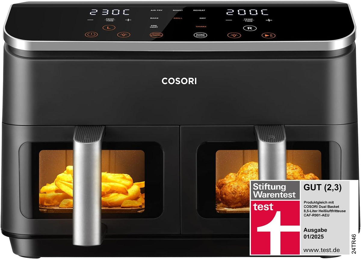 COSORI Air Fryer with 2 Chambers, 8-in-1 Dual Zone XXL 8.5L, features a dual-chamber design with viewing windows for balanced meals; Includes 50 recipes, Energy-saving and serves 1-5 people