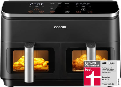 COSORI Air Fryer with 2 Chambers, 8-in-1 Dual Zone XXL 8.5L, features a dual-chamber design with viewing windows for balanced meals; Includes 50 recipes, Energy-saving and serves 1-5 people