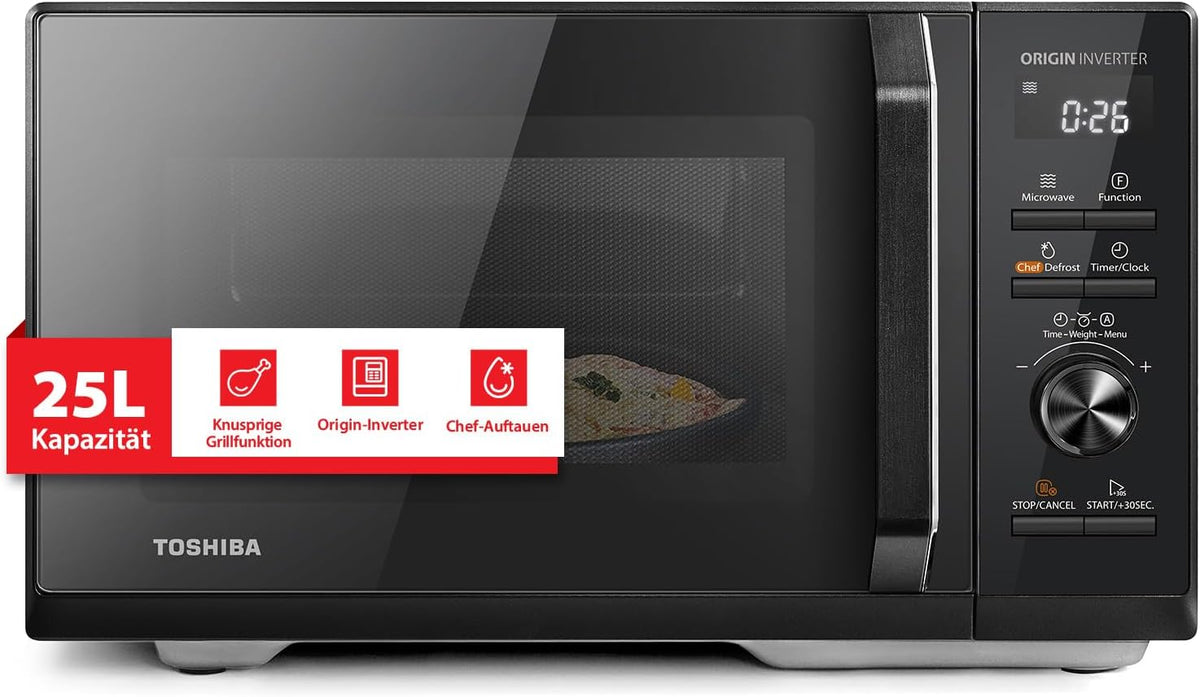 Toshiba MW3-AG25PFI(BK) Microwave with Grill Function - 25L 3-in-1 Combination Device | 900W Origin Inverter | 1100W Grill | Built-in Device | Digital | 57dB Quiet | Master Defrost Program | Black