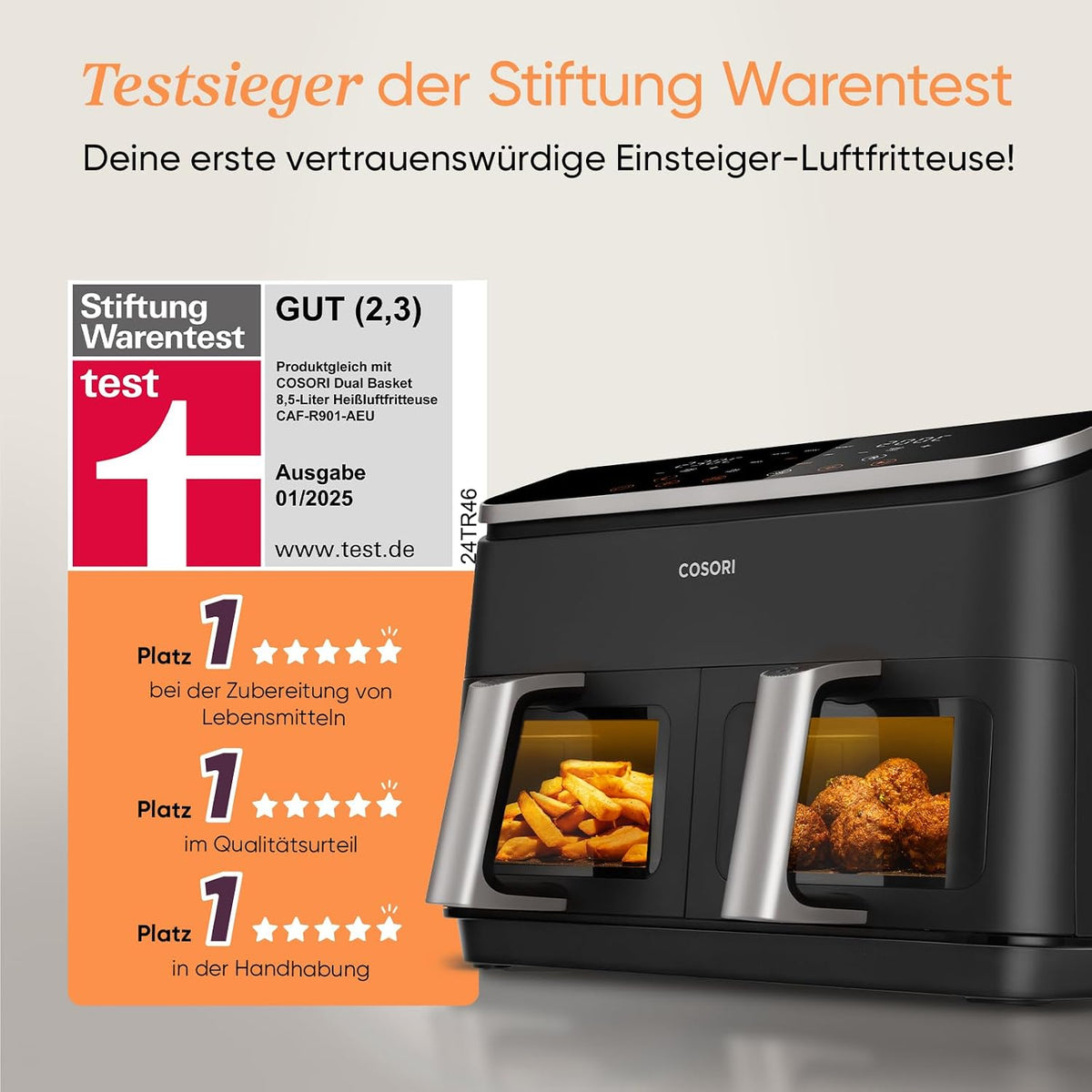 COSORI Air Fryer with 2 Chambers, 8-in-1 Dual Zone XXL 8.5L, features a dual-chamber design with viewing windows for balanced meals; Includes 50 recipes, Energy-saving and serves 1-5 people