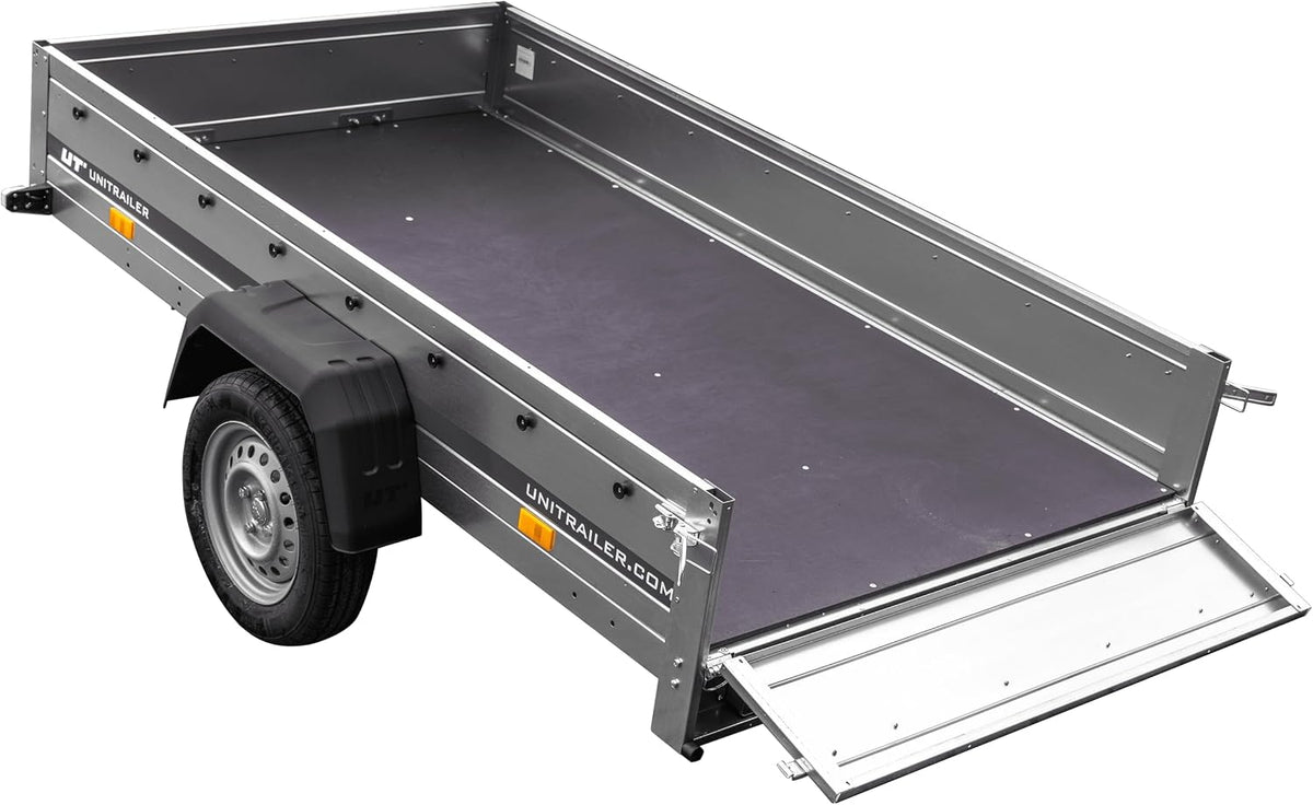 UNITRAILER Car Trailer Garden Trailer 230 Tilting - Car Trailer 750 kg, 230 cm x 125 cm Transport Area, Robust Structure Made of Galvanised Steel, Folding Drawbar