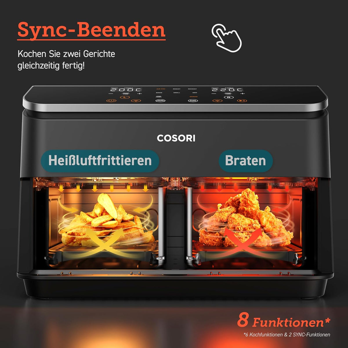 COSORI Air Fryer with 2 Chambers, 8-in-1 Dual Zone XXL 8.5L, features a dual-chamber design with viewing windows for balanced meals; Includes 50 recipes, Energy-saving and serves 1-5 people