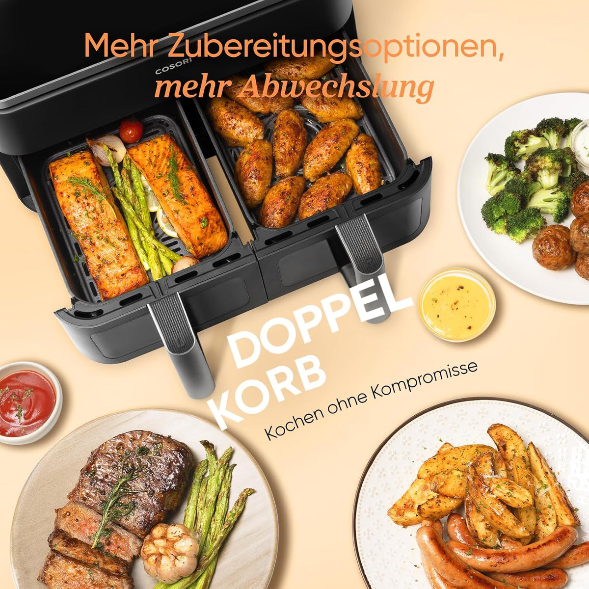 COSORI Air Fryer with 2 Chambers, 8-in-1 Dual Zone XXL 8.5L, features a dual-chamber design with viewing windows for balanced meals; Includes 50 recipes, Energy-saving and serves 1-5 people