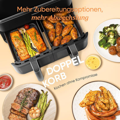 COSORI Air Fryer with 2 Chambers, 8-in-1 Dual Zone XXL 8.5L, features a dual-chamber design with viewing windows for balanced meals; Includes 50 recipes, Energy-saving and serves 1-5 people