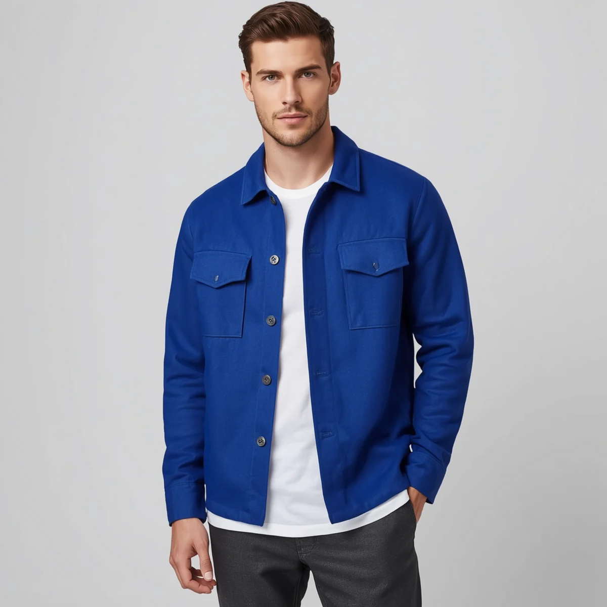 Mann trägt eine blaue Hemdjacke mit Brusttaschen und Knopfleiste zu einem weißen T-Shirt und dunklen Hosen vor hellem Hintergrund.