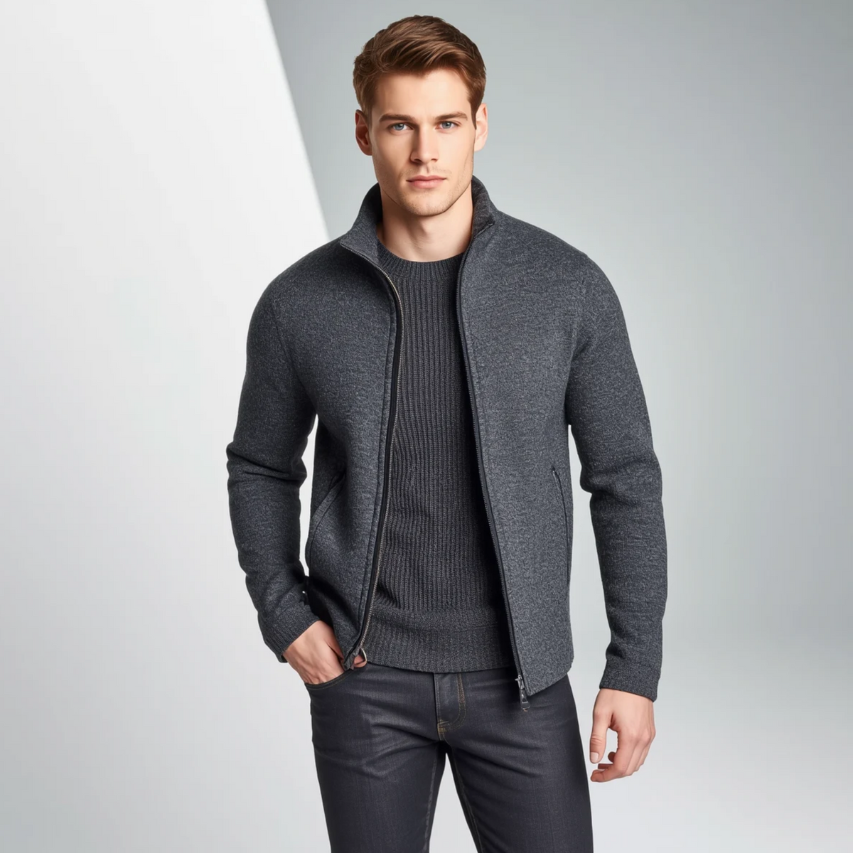 Mann trägt eine dunkelgraue Strickjacke mit Stehkragen und Reißverschluss zu einem passenden Pullover und dunklen Hosen vor hellem Hintergrund.   