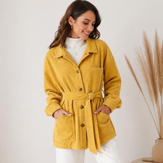 Frau trägt eine gelbe Cord Jacke mit Reverskragen, Knopfleiste, aufgesetzten Taschen und Bindegürtel zu hellen Hosen vor hellem Hintergrund.