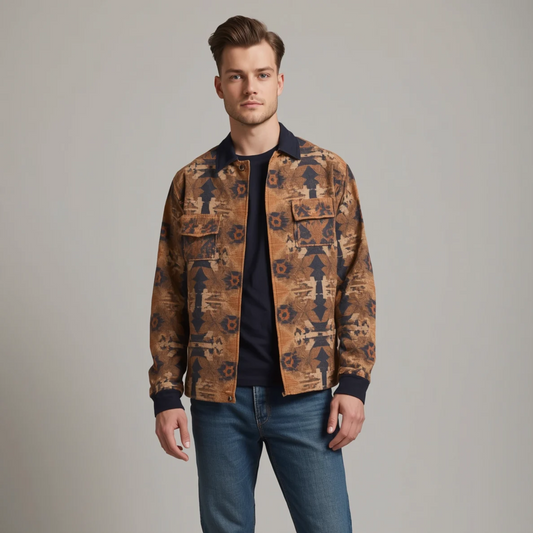Mann trägt eine gemusterte Jacke mit Kragen und Brusttaschen zu einem dunklen Shirt und blauen Jeans vor hellem Hintergrund.