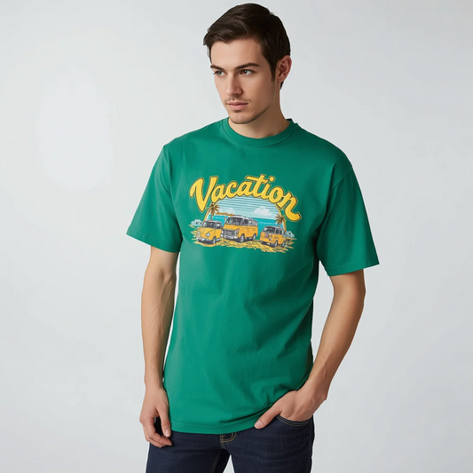 Mann trägt ein grünes T-Shirt mit "Vacation"-Schriftzug und Auto-Grafik zu dunklen Jeans vor hellem Hintergrund.