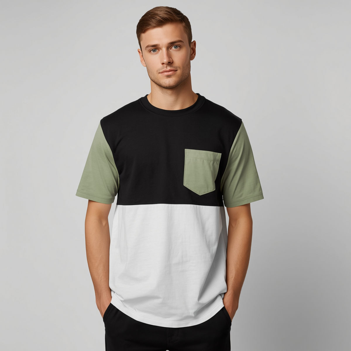 Mann trägt ein mehrfarbiges Color-Block T-Shirt in Schwarz, Weiß und Olivgrün mit Brusttasche zu schwarzen Hosen vor hellem Hintergrund.   