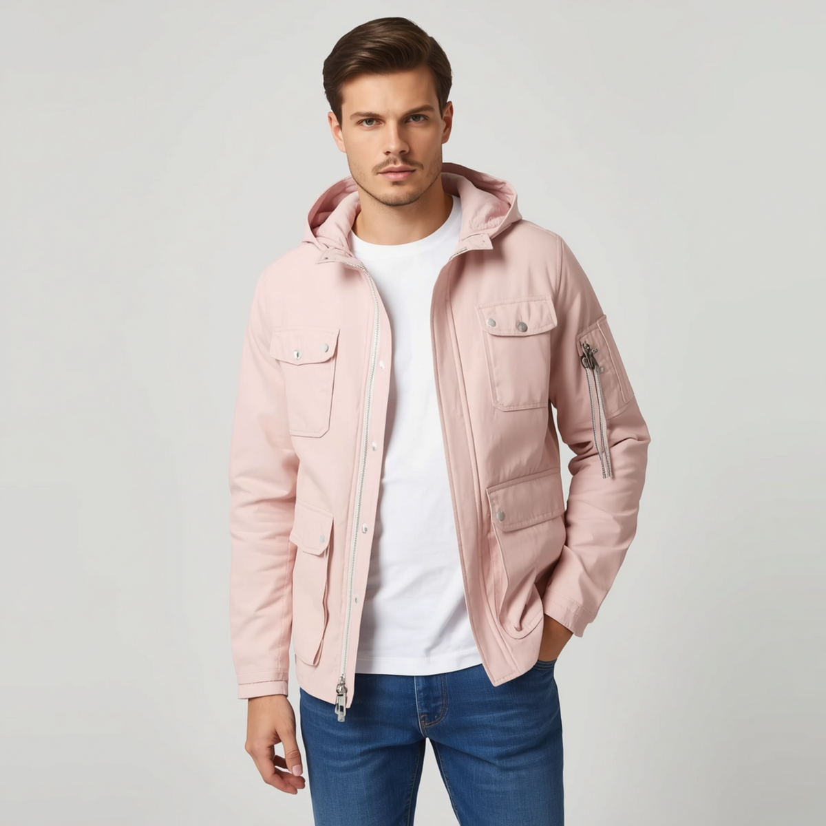 Mann trägt eine rosa Jacke mit Kapuze, Reißverschluss und Taschen zu einem weißen T-Shirt und blauen Jeans vor hellem Hintergrund.   