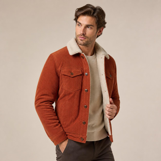 Mann trägt eine rostbraune Cordjacke mit Teddyfell-Futter, Knopfleiste und Brusttaschen zu einem hellen Pullover vor neutralem Hintergrund.