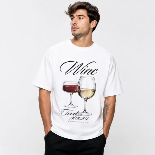 Mann trägt ein weißes T-Shirt mit "Wine" Grafik-Print und Weingläsern zu schwarzen Hosen vor hellem Hintergrund.   